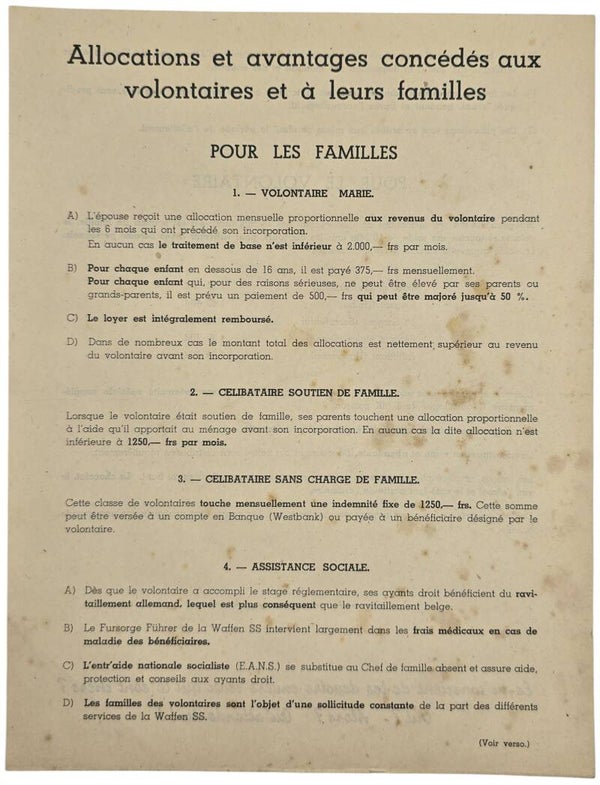 Original WW2 Walloon Waffen SS Document - Financial compensation for the family of Walloon Waffen SS volunteers (1941)