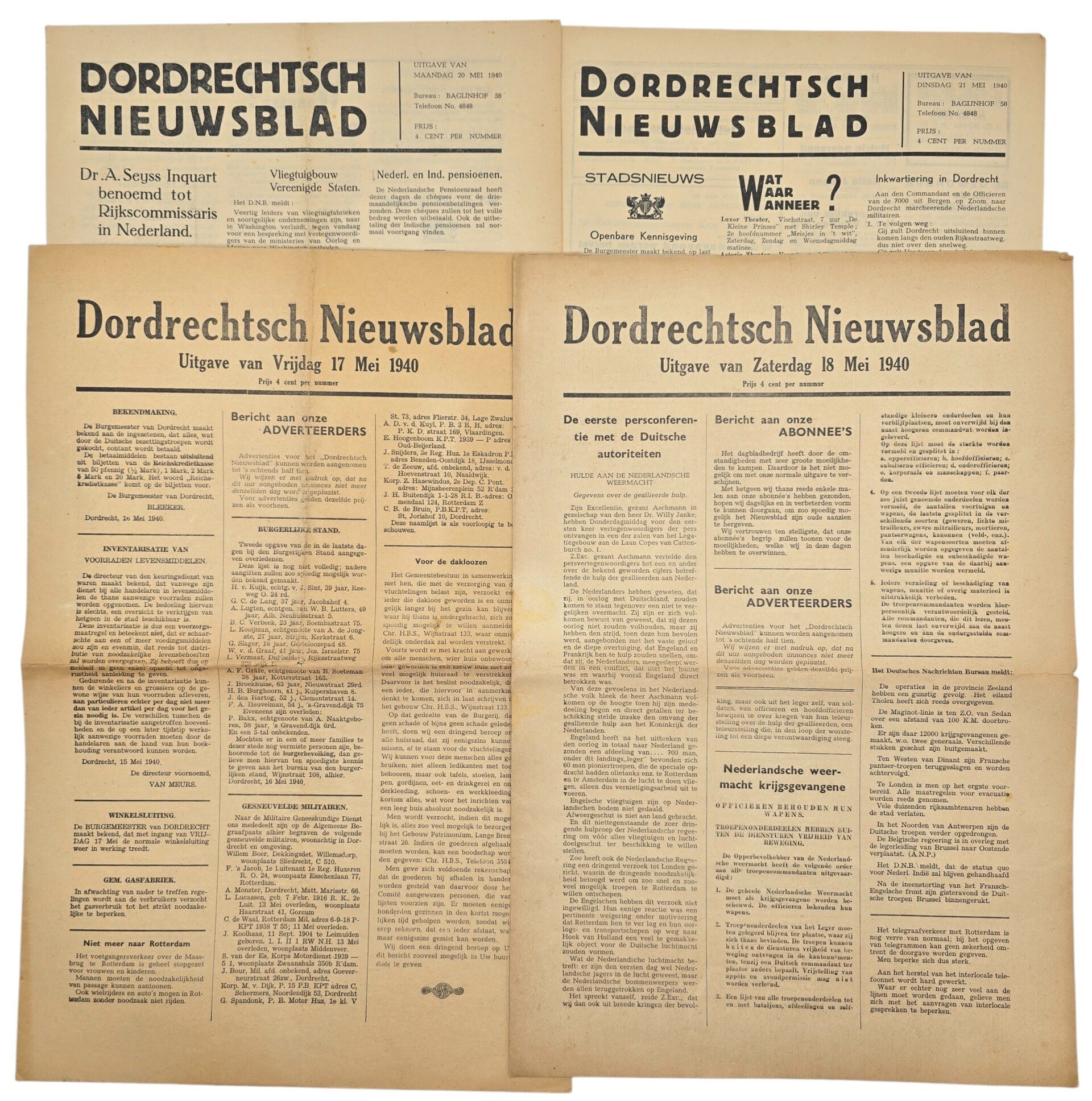 Original WW2 Dutch Newspaper - Dordrechtsch Nieuwsblad, Dordrecht, May (1940)
