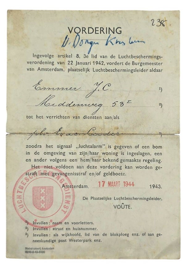 Original WW2 Dutch LBD Document - Luchtbeschermingsdienst Amsterdam ID Card (1944)