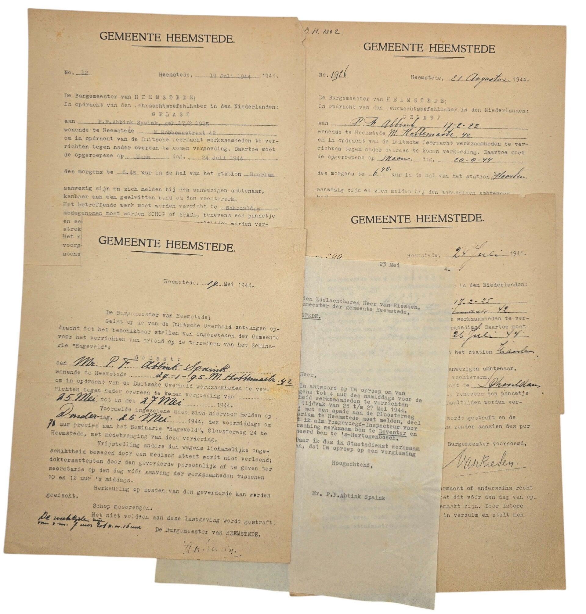 Original WW2 Dutch Document - Order to work in Schoorldam, Heemstede, Haarlem (1944)