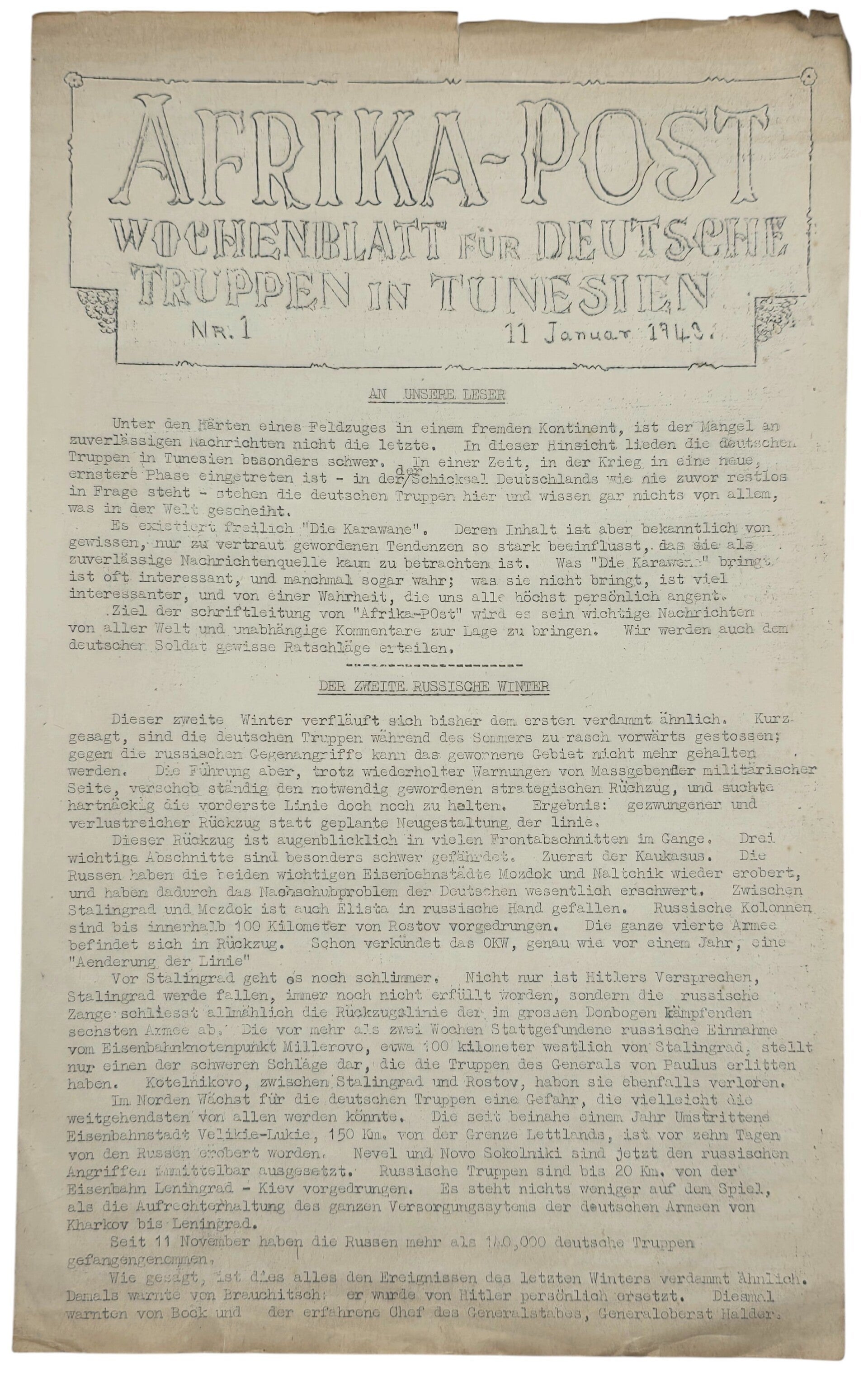 Original WW2 German Newspaper - Afrika Post, Wochenblatt für deutsche Truppen in Tunesien, Nr. 1 (1943)