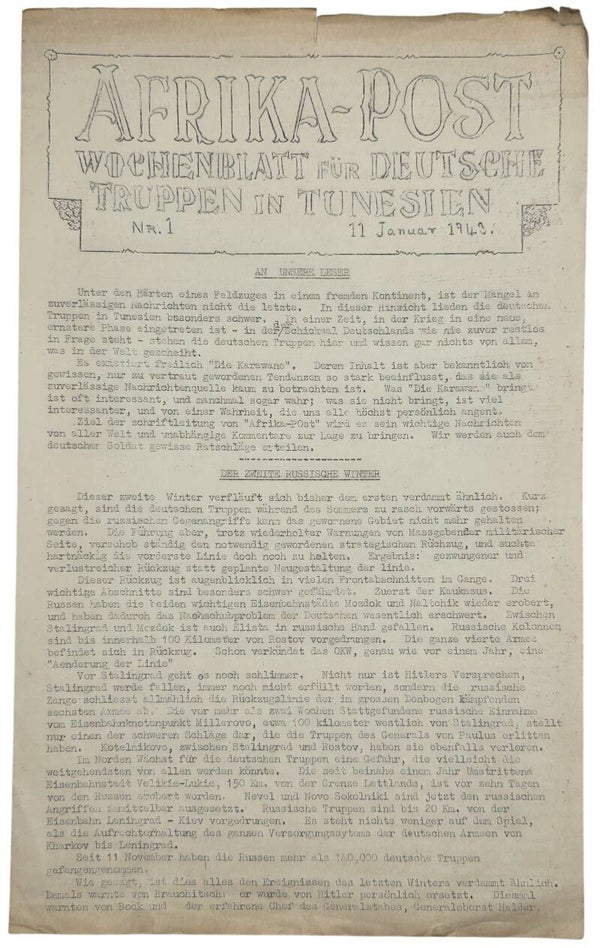 Original WW2 Allied Leaflet - Afrika Post, Wochenblatt für deutsche Truppen in Tunesien, Nr. 1 (1943)