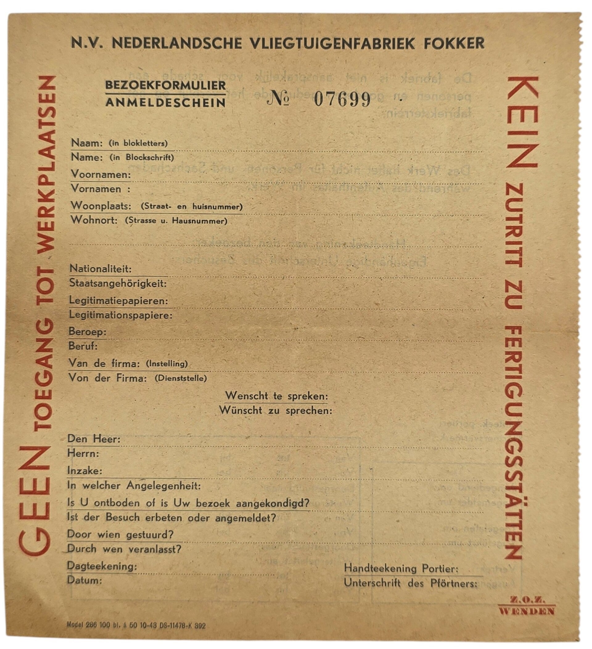 Original WW2 Dutch Document - NV Nederlandsche Vliegtuigenfabriek Fokker Anmeldeschein visit form, Amsterdam (1943)