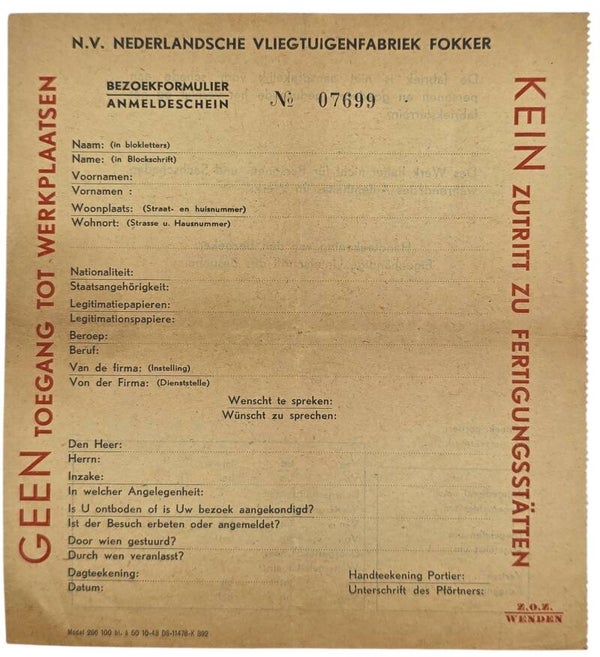 Original WW2 Dutch Document - NV Nederlandsche Vliegtuigenfabriek Fokker Anmeldeschein visit form, Amsterdam (1943)
