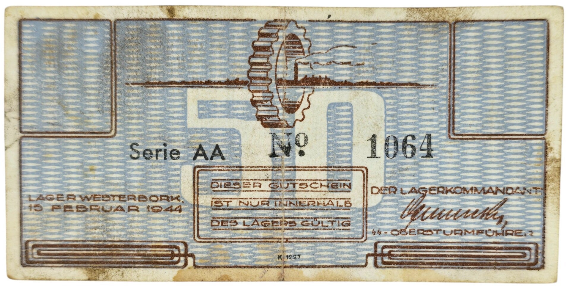 Original WW2 Dutch Document - Concentration Camp Westerbork 50 cent AA (1944)