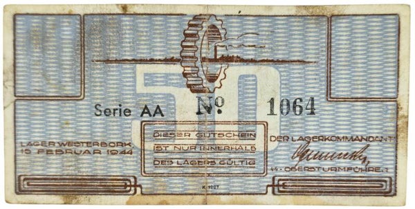 Original WW2 Dutch Document - Concentration Camp Westerbork 50 cent AA (1944)