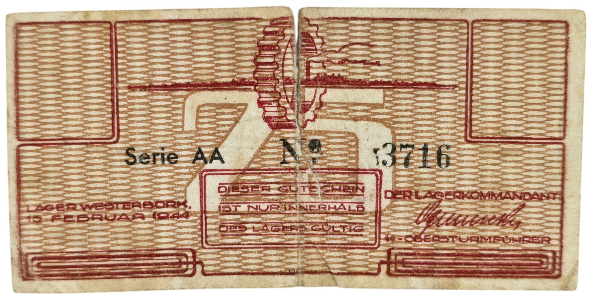 Original WW2 Dutch Document - Concentration Camp Westerbork 25 cent AA (1944)