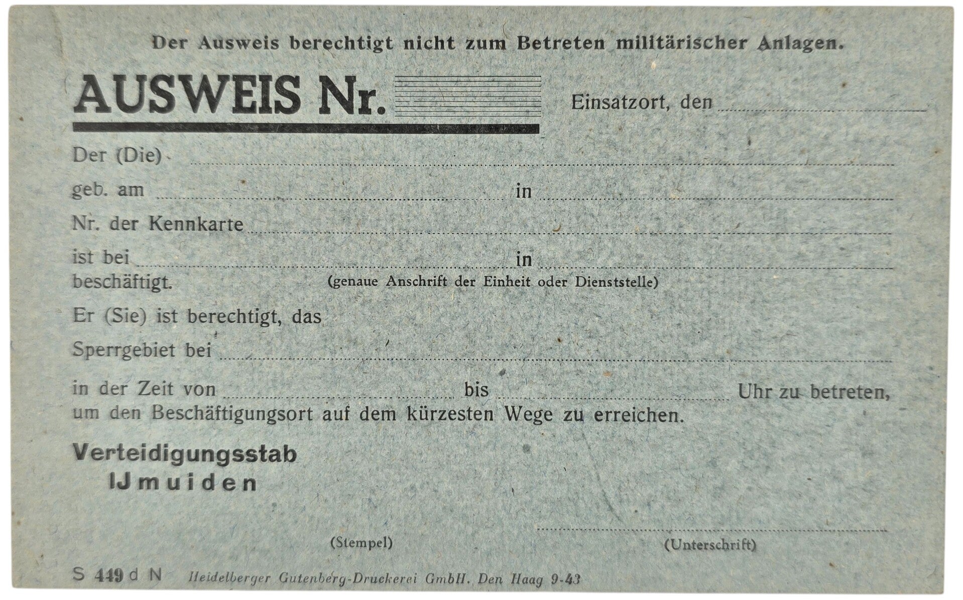 Original WW2 Dutch Document - Blank Ausweis Verteidigungsstab IJmuiden (1943)