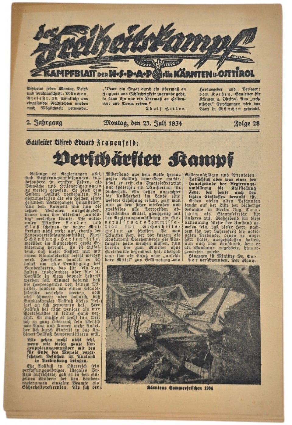 Original WW2 German Newspaper - Der Freiheitskampf, Kampfblatt der NSDAP für Kärnten u. Osttirol, 2. Jahrgang Folge 28 (1934)