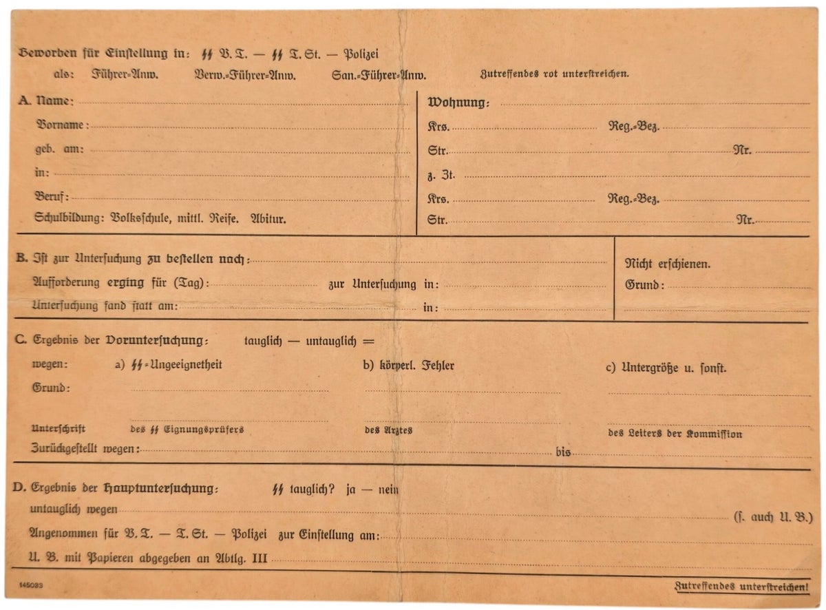 Original WW2 German Waffen SS Document - Unused Waffen SS information card