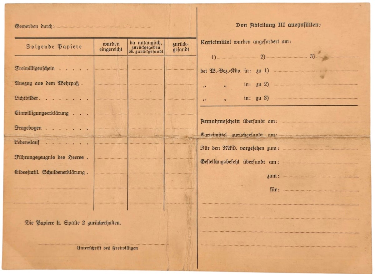 Original WW2 German Waffen SS Document - Unused Waffen SS information card