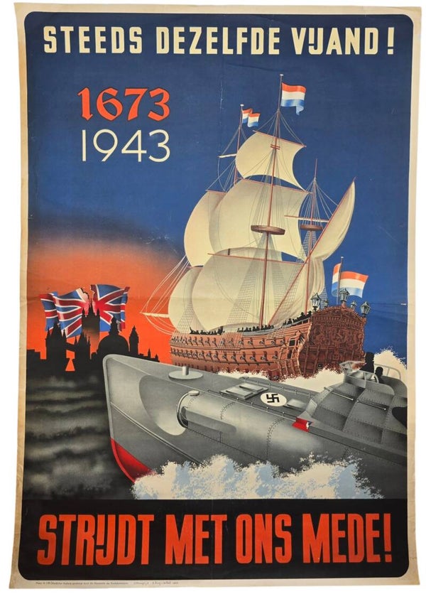 Original WW2 Dutch Collaboration NSB Poster - Steeds dezelfde vijand! Strijd met ons mede, 1673 (1943)