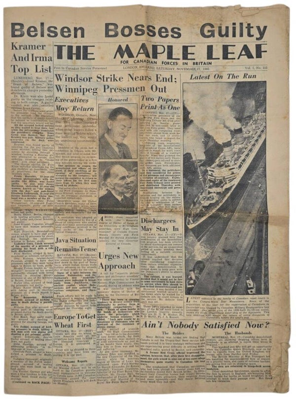 Original WW2 Canadian Newspaper - The Maple Leaf For Canadian forces in Britain, Bergen Belsen (1945)