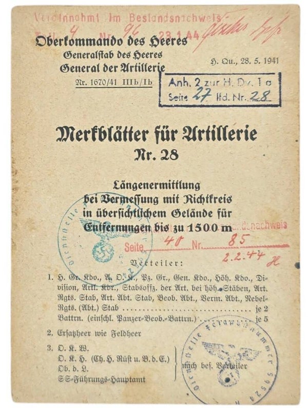 Original WW2 German Brochure - 1670/41 Merkblätter für Artillerie Nr. 28, Langenermittlung (1941)