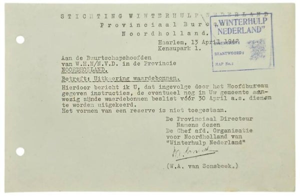 Original WW2 Dutch Collaboration WHN Document - Winterhulp Nederland circular payout coupons, Haarlem (1942)