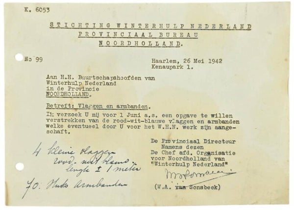 Original WW2 Dutch Collaboration WHN Document - Winterhulp Nederland circular flags and armbands, Haarlem (1942)