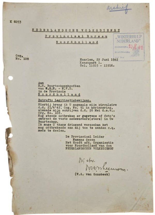 Original WW2 Dutch Collaboration WHN Document - Winterhulp Nederland circular ID-cards, Haarlem (1942)