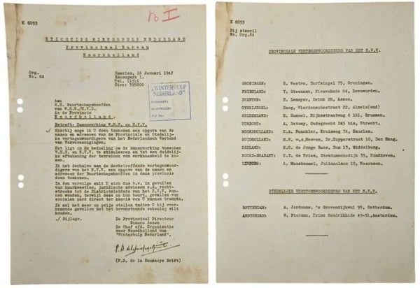 Original WW2 Dutch Collaboration WHN Document - Winterhulp Nederland circular collaboration WHN & NVV, Haarlem (1942)