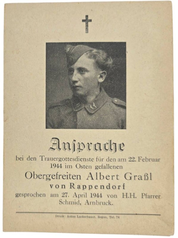 Original WW2 German Document - Death Card Ansprache Albert Grabl von Rappendorf (1944)