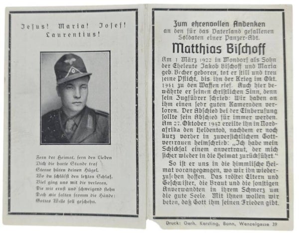 Original WW2 German Document - Death Card Matthias Bischoff, Panzer, Africa (1942)