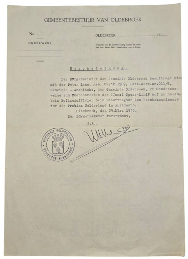 Original WW2 Dutch Document - Bescheinigung Oldebroek IJssel-Sperr Linie (1945)