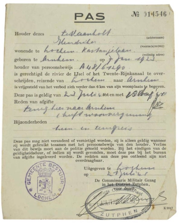 Original WW2 Dutch Document - Travel permit MG Militair Gezag Lochem Arnhem (1945)