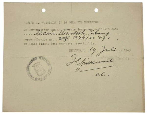 Original WW2 Dutch Document - Proof of establishment Terneuzen (1945)