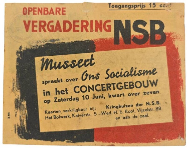 Original WW2 Dutch NSB Collaboration Flyer - Public meeting ''Ons socialisme'', Anton Mussert, Amsterdam (1941)