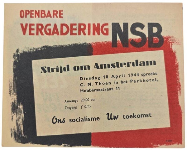 Original WW2 Dutch NSB Collaboration Flyer - Public meeting ''Strijd om Amsterdam'', C. M. Thoen, Amsterdam (1944)