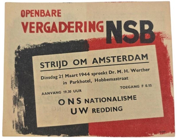 Original WW2 Dutch NSB Collaboration Flyer - Public meeting ''Strijd om Amsterdam'', M. H. Werther, Amsterdam (1944)