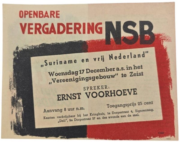 Original WW2 Dutch NSB Collaboration Flyer - Public meeting ''Suriname en vrij Nederland'', Ernst Voorhoeve, Zeist (1941)