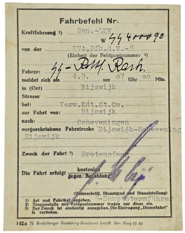 Original WW2 German Waffen SS Document - Fahrbefehl Küstenverteidigungsabschnitt (KVA) Befehlshaber der Waffen SS, Rijswijk, Scheveningen, Holland (1943)