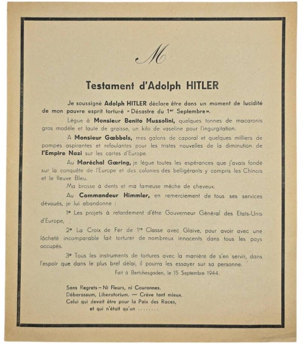 Original WW2 French Liberation Document - Satirical will of Adolf Hitler (1944)