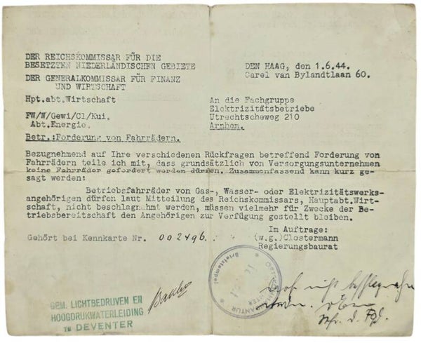 Original WW2 Dutch Document - Seizing of bicycles in Deventer, Arnhem (1944)