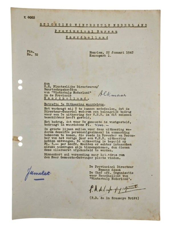 Original WW2 Dutch Collaboration WHN Document - Winterhulp Nederland circular Waardebons, money, Haarlem, Alkmaar (1942)