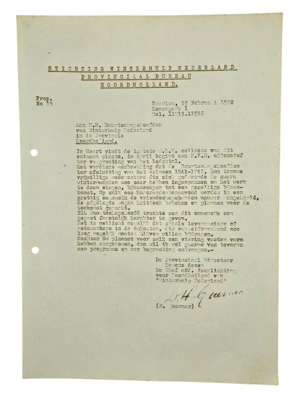 Original WW2 Dutch Collaboration WHN Document - Winterhulp Nederland circular Buurtschapshoofden, Haarlem, Alkmaar (1942)