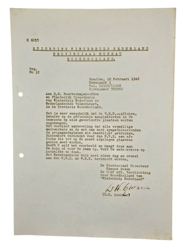 Original WW2 Dutch Collaboration WHN Document - Winterhulp Nederland circular placement of posters, Haarlem (1942)