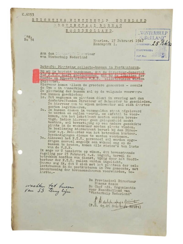 Original WW2 Dutch Collaboration WHN Document - Winterhulp Nederland circular collection bus, Haarlem (1942)