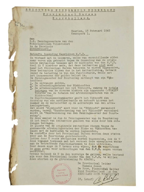 Original WW2 Dutch Collaboration WHN Document - Winterhulp Nederland circular cash of the NVD, Haarlem (1942)