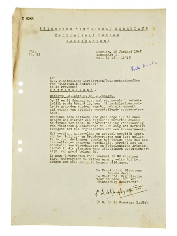 Original WW2 Dutch Collaboration WHN Document - Winterhulp Nederland Circulair Collecting of money, Haarlem (1942)
