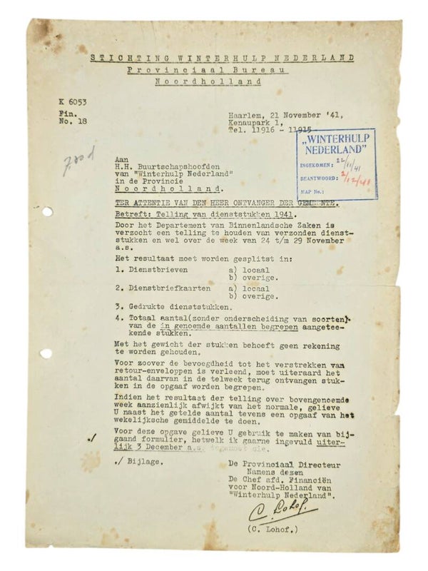 Original WW2 Dutch Collaboration WHN Document - Winterhulp Nederland Circulair counting, Haarlem (1941)