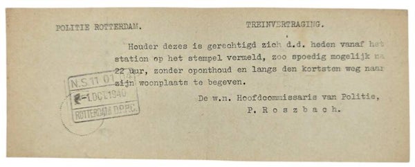 Original WW2 Dutch Document - Night pass to get home from the train, Rotterdam (1940)