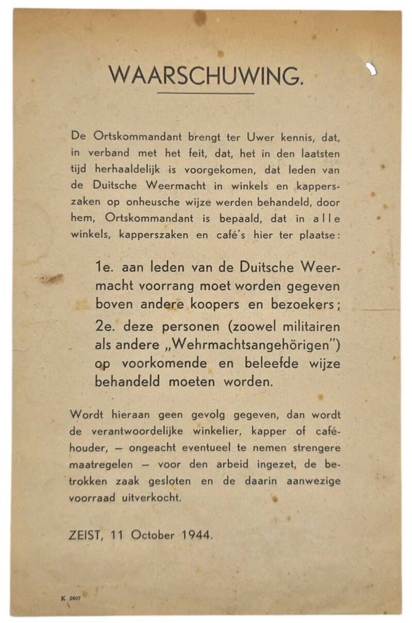 Original WW2 Dutch Document - Warning to help German soldiers in shops, Zeist (1944)