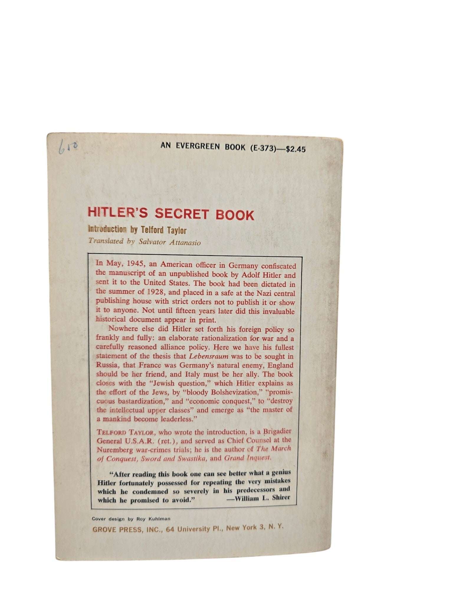 Original English Book – Hitler’s Secret Book, Telford Taylor (1962)