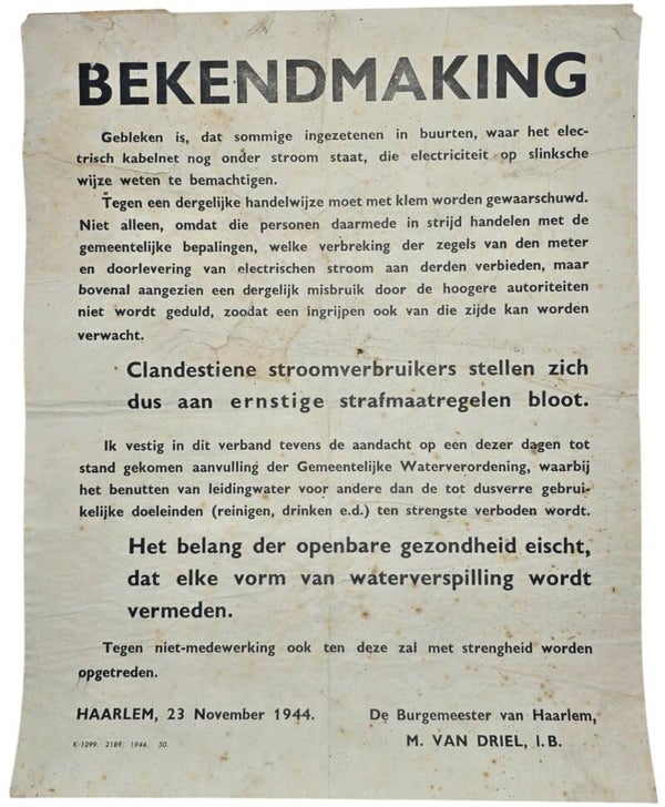 Original WW2 Dutch Poster - Warning on tapping electricity, Haarlem (1944)