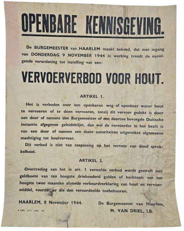Original WW2 Dutch Poster - Prohibition on transporting wood, Haarlem (1944)