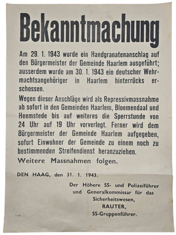 Original WW2 Dutch Waffen SS Poster - SS execution notice poster after an attack on the Mayor of Haarlem (1943)
