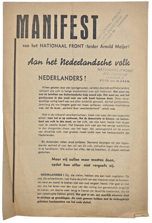 Original WW2 Dutch Collaboration Flyer - Nationaal Front, Arnold Meijer ''Manifest'', Zaandam (1941)