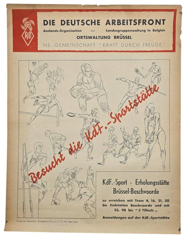 Original WW2 German Belgian Poster - Die Deutsche Arbeitsfront AO Auslands-Organisation Ortsverwaltung Brüssel, KdF Sport Boschvoorde (1944)