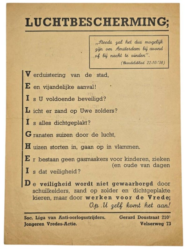 Original WW2 Dutch LBD Poster - Luchtbescherming, Veiligheid, Soc. Liga van Anti-Oorlogsstrijders, Jongeren Vredes-Actie, Amsterdam (1938)
